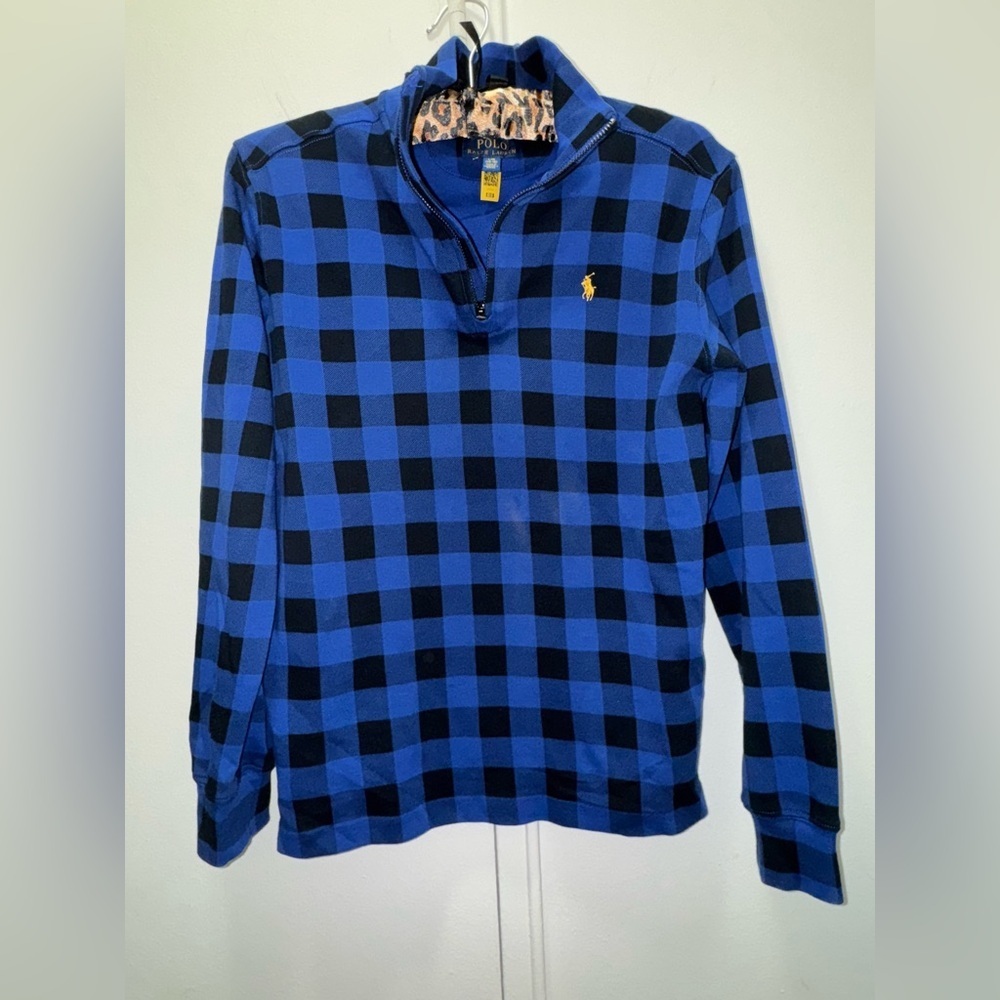 $138 Polo Ralph Lauren Blue Plaid Logo Mock Neck 1/4-Zip Sweater Size Small